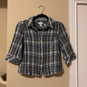 Blue & White Textured Plaid Button-Up Shirt